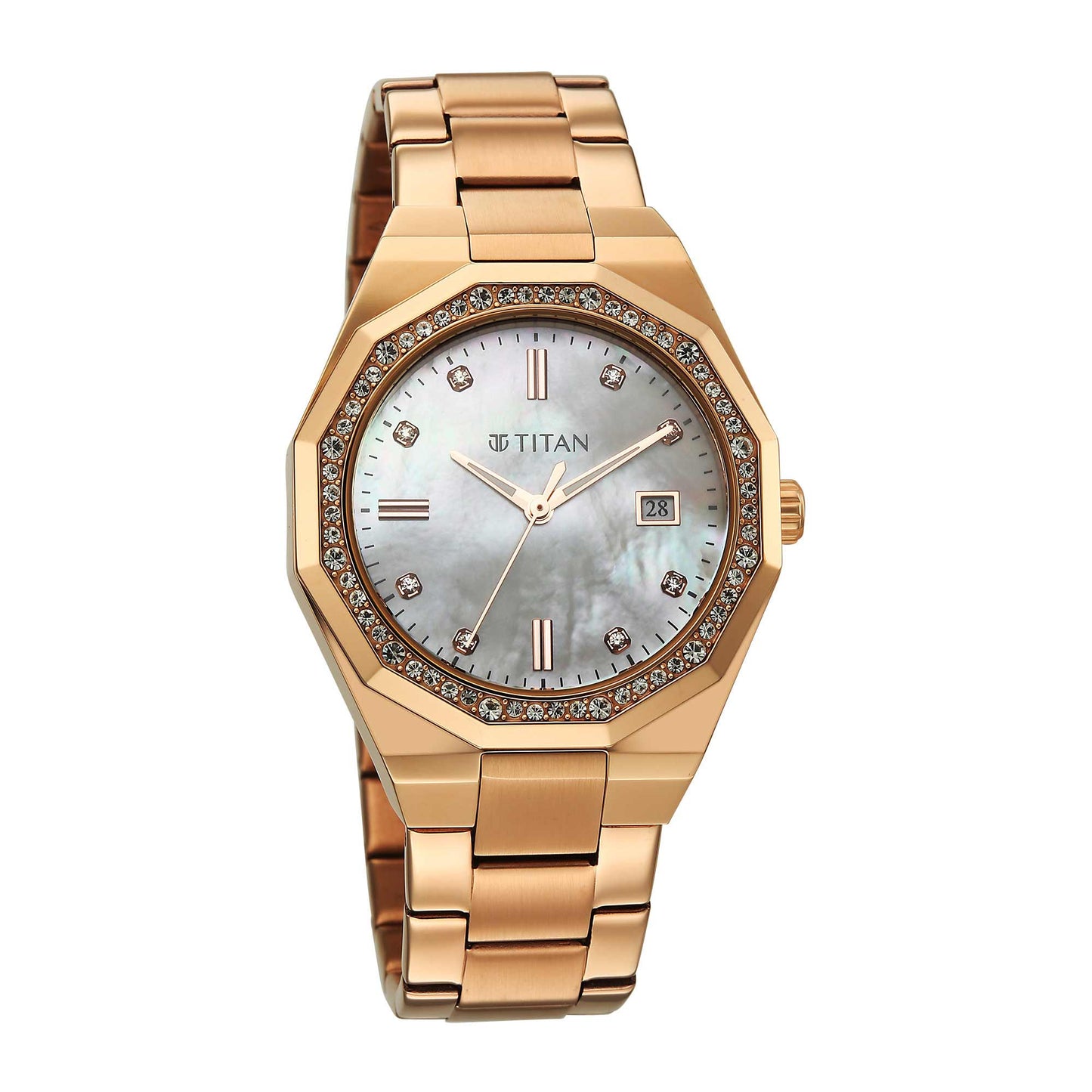 Titan Purple Mother of Pearl Dial Rose Gold Stainless Steel Strap Analog with Date Watch for Women