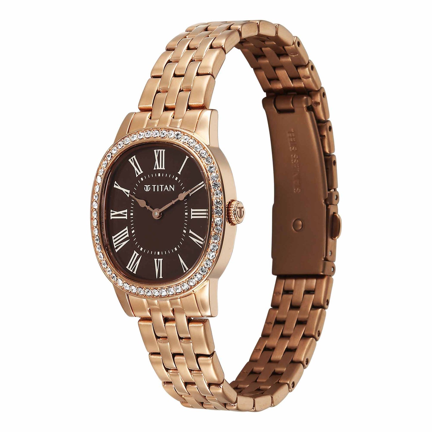 Titan Purple Brown Oval Dial Rose Gold Stainless Steel Strap Analog Watch for Women