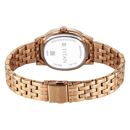 Titan Purple Brown Oval Dial Rose Gold Stainless Steel Strap Analog Watch for Women