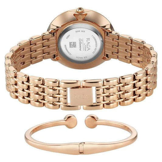 Titan Raga Glimmers Quartz Analog Mother of Pearl Dial Rose Gold Metal Strap Watch For Women 95336WM01F