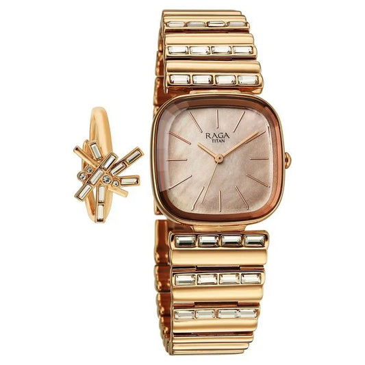 Titan Raga Glimmers Quartz Analog Rose Gold Dial Rose Gold Metal Strap Watch For Women 95339WM01F