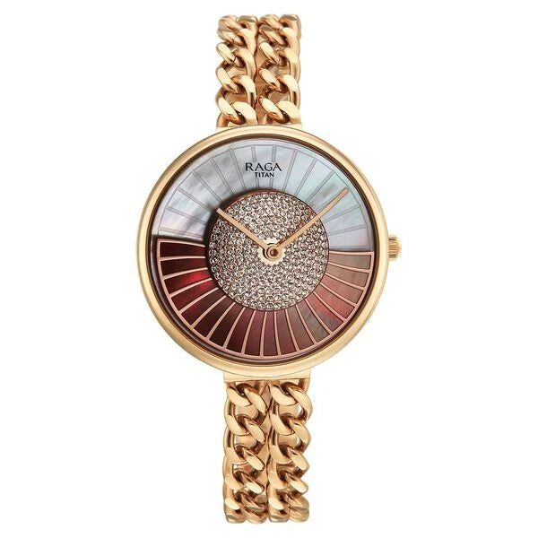 Titan Raga Glimmers Quartz Analog Mother of Pearl Dial Rose Gold Stainless Steel Strap Watch For Women 95342WM01F