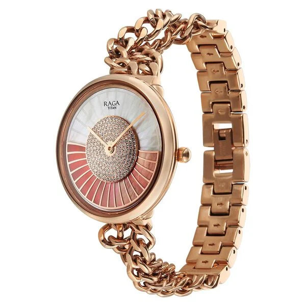 Titan Raga Glimmers Quartz Analog Mother of Pearl Dial Rose Gold Stainless Steel Strap Watch For Women 95342WM01F