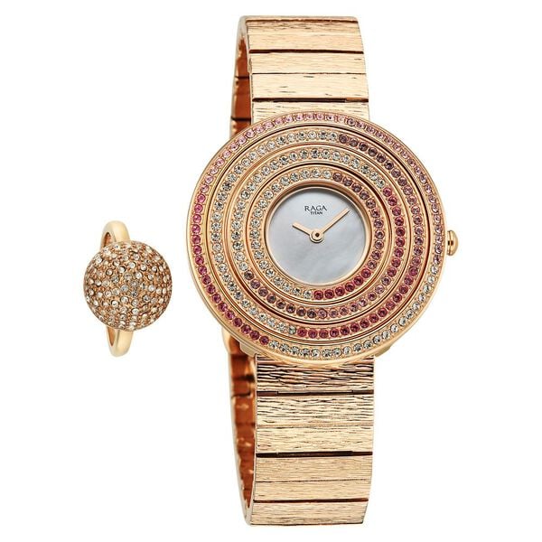 Titan Raga Glimmers Quartz Analog Mother of Pearl Dial Rose Gold Metal Strap Watch For Women 95344WM01F