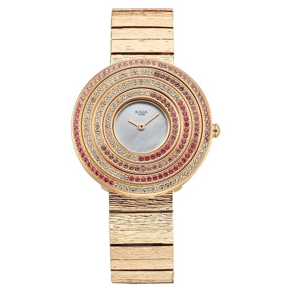Titan Raga Glimmers Quartz Analog Mother of Pearl Dial Rose Gold Metal Strap Watch For Women 95344WM01F