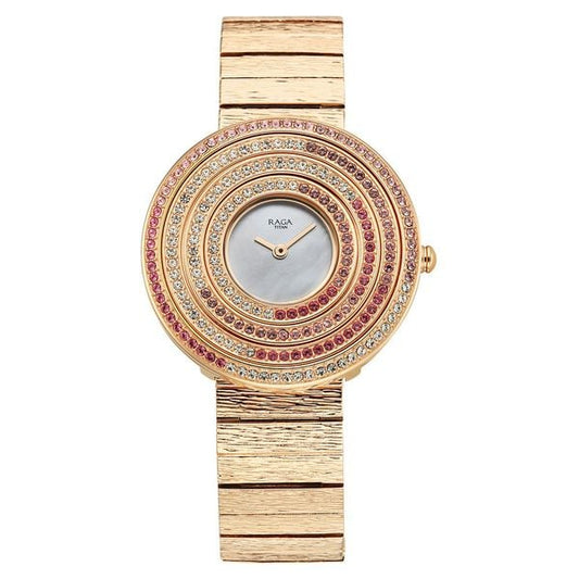Titan Raga Glimmers Quartz Analog Mother of Pearl Dial Rose Gold Metal Strap Watch For Women 95344WM01F