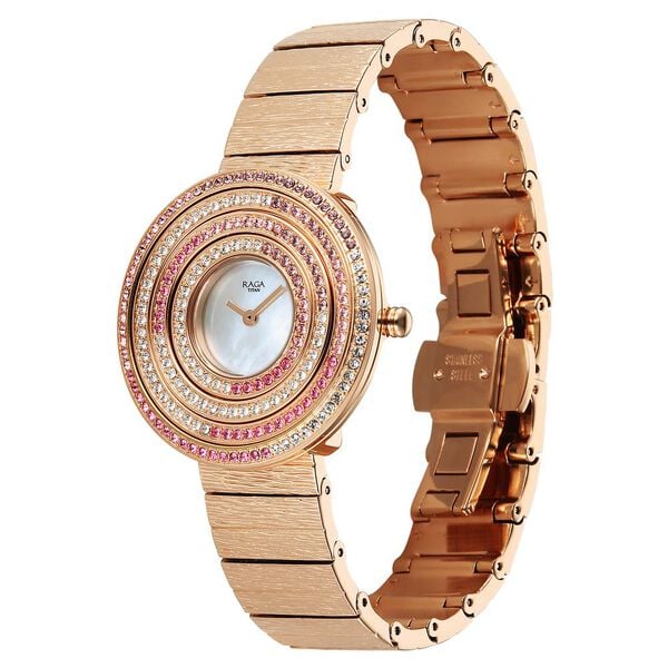 Titan Raga Glimmers Quartz Analog Mother of Pearl Dial Rose Gold Metal Strap Watch For Women 95344WM01F