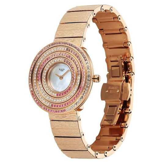 Titan Raga Glimmers Quartz Analog Mother of Pearl Dial Rose Gold Metal Strap Watch For Women 95344WM01F
