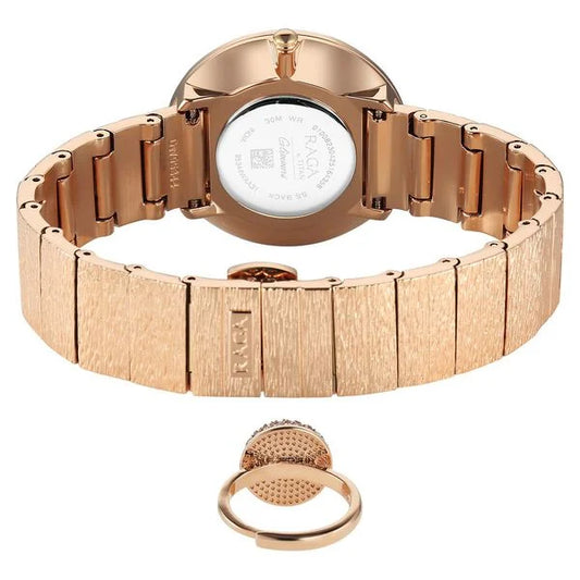 Titan Raga Glimmers Quartz Analog Mother of Pearl Dial Rose Gold Metal Strap Watch For Women 95344WM01F