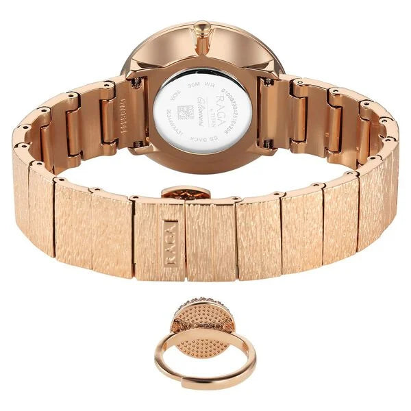 Titan Raga Glimmers Quartz Analog Mother of Pearl Dial Rose Gold Metal Strap Watch For Women 95344WM01F