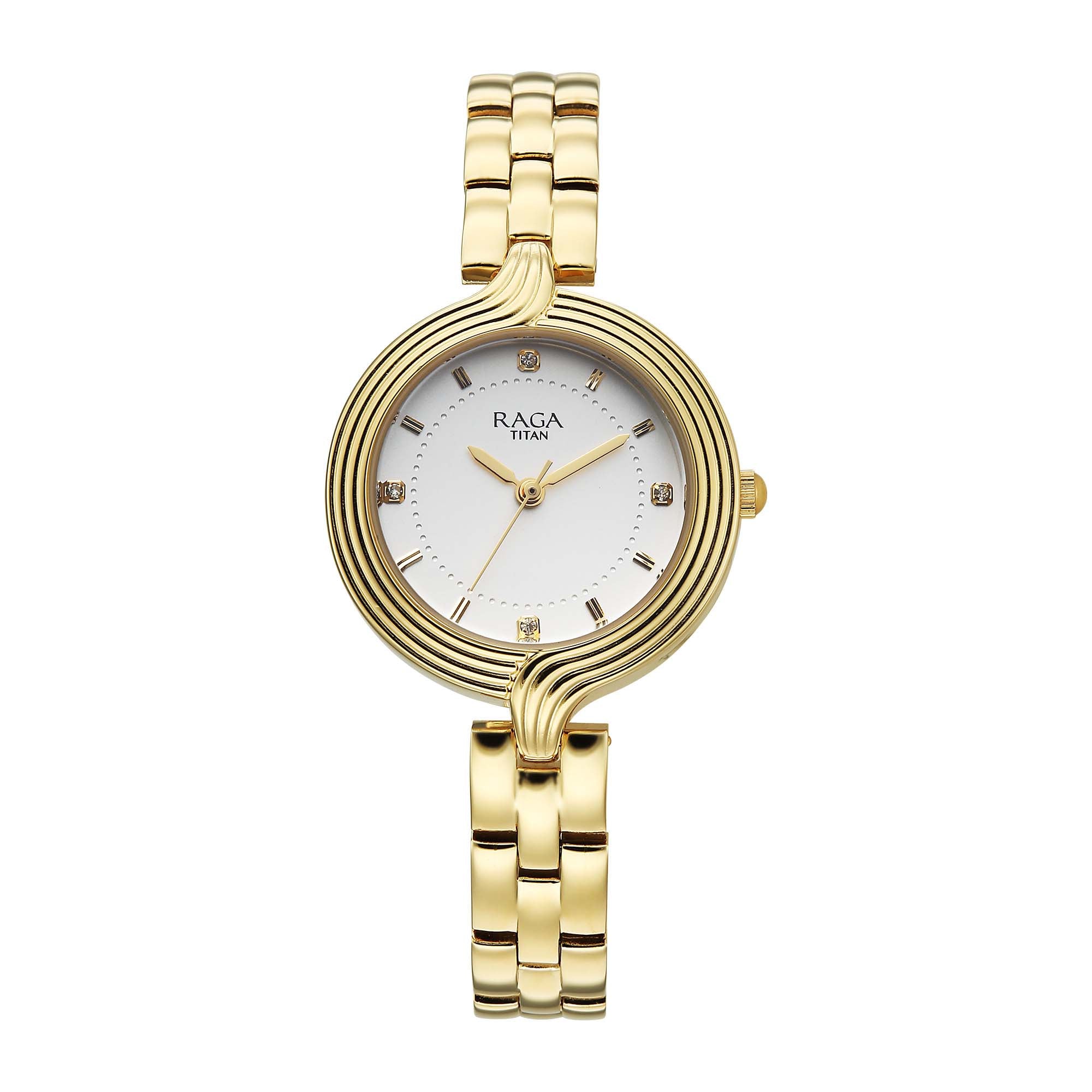 Titan Raga White Dial Gold Metal Strap Analog Watch for Women