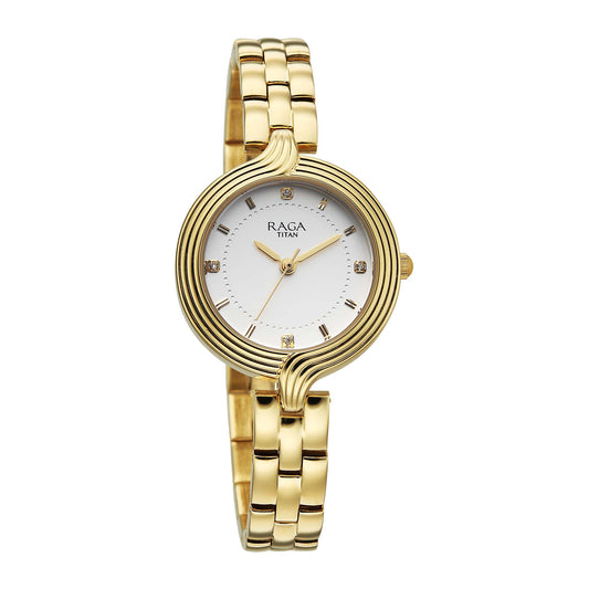 Titan Raga White Dial Gold Metal Strap Analog Watch for Women