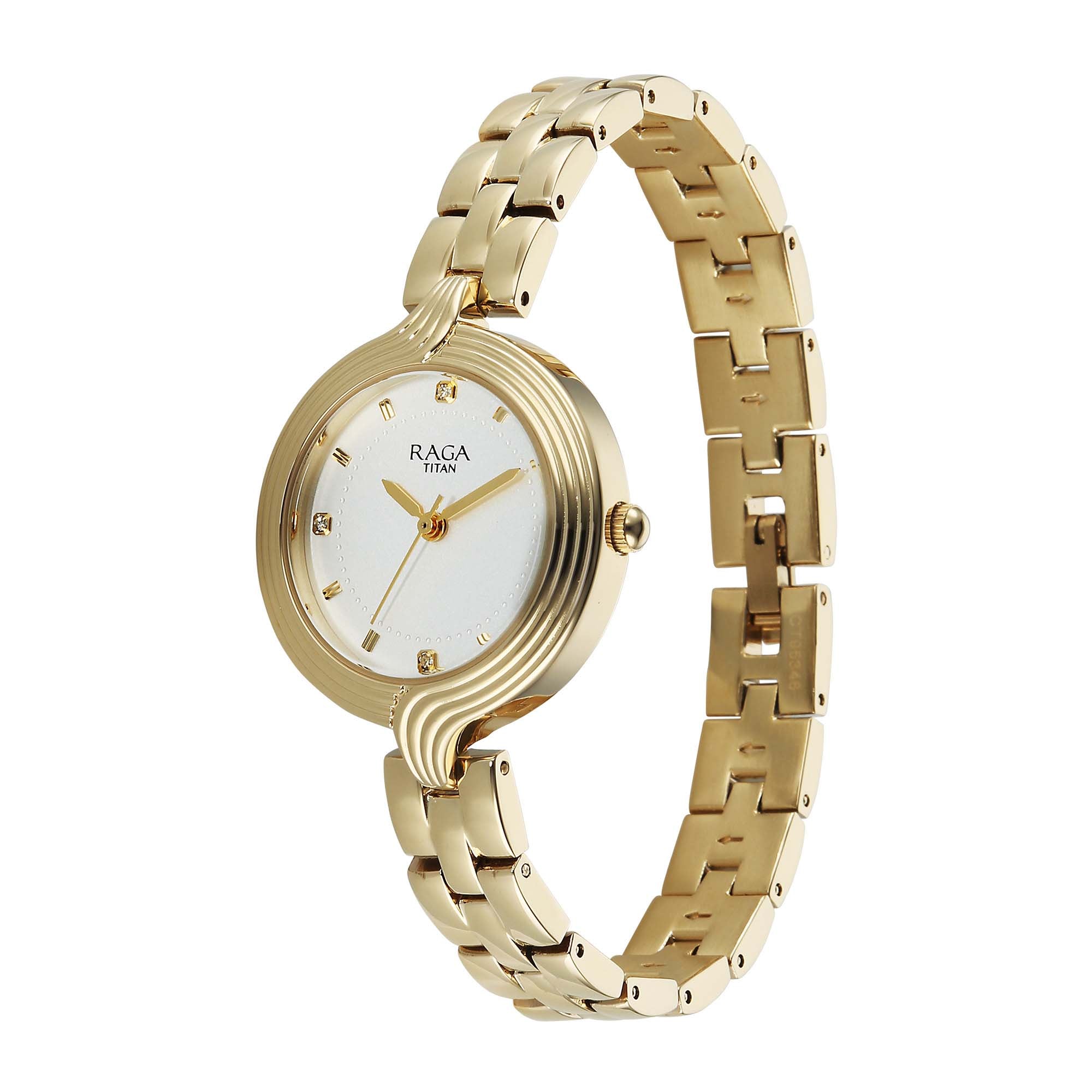 Titan Raga White Dial Gold Metal Strap Analog Watch for Women