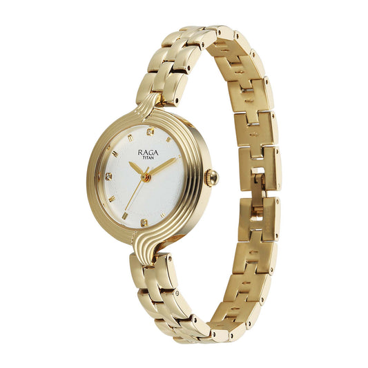 Titan Raga White Dial Gold Metal Strap Analog Watch for Women
