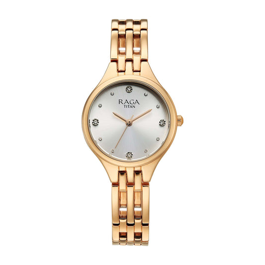 Titan Raga Silver Dial Gold Stainless Steel Strap Analog Watch for Women
