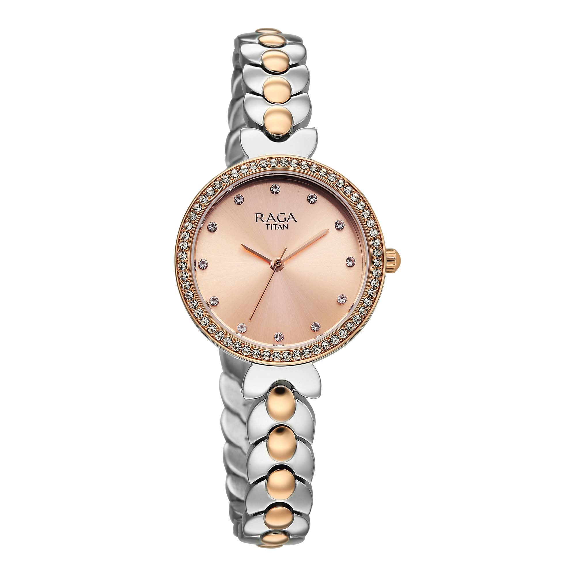 Titan Raga Pink Dial Two Toned Stainless Steel Strap Analog Watch for Women