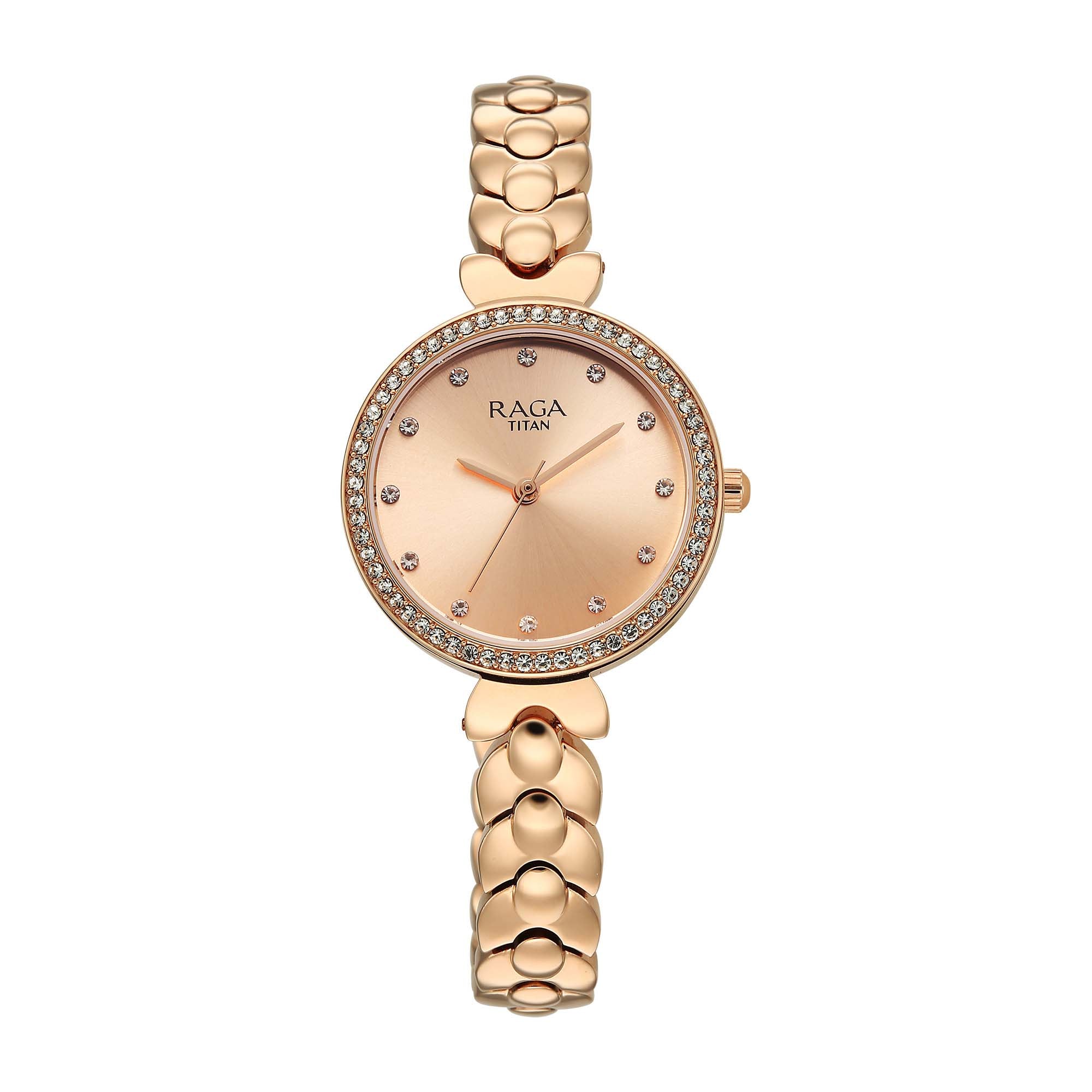 Titan Raga Champagne Dial Gold Stainless Steel Strap Analog Watch for Women