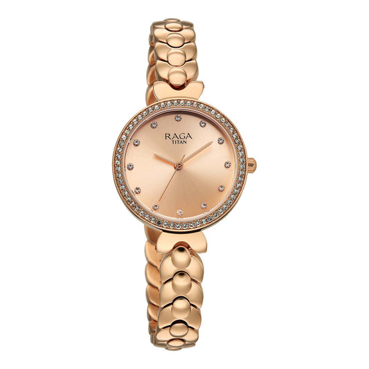 Titan Raga Champagne Dial Gold Stainless Steel Strap Analog Watch for Women