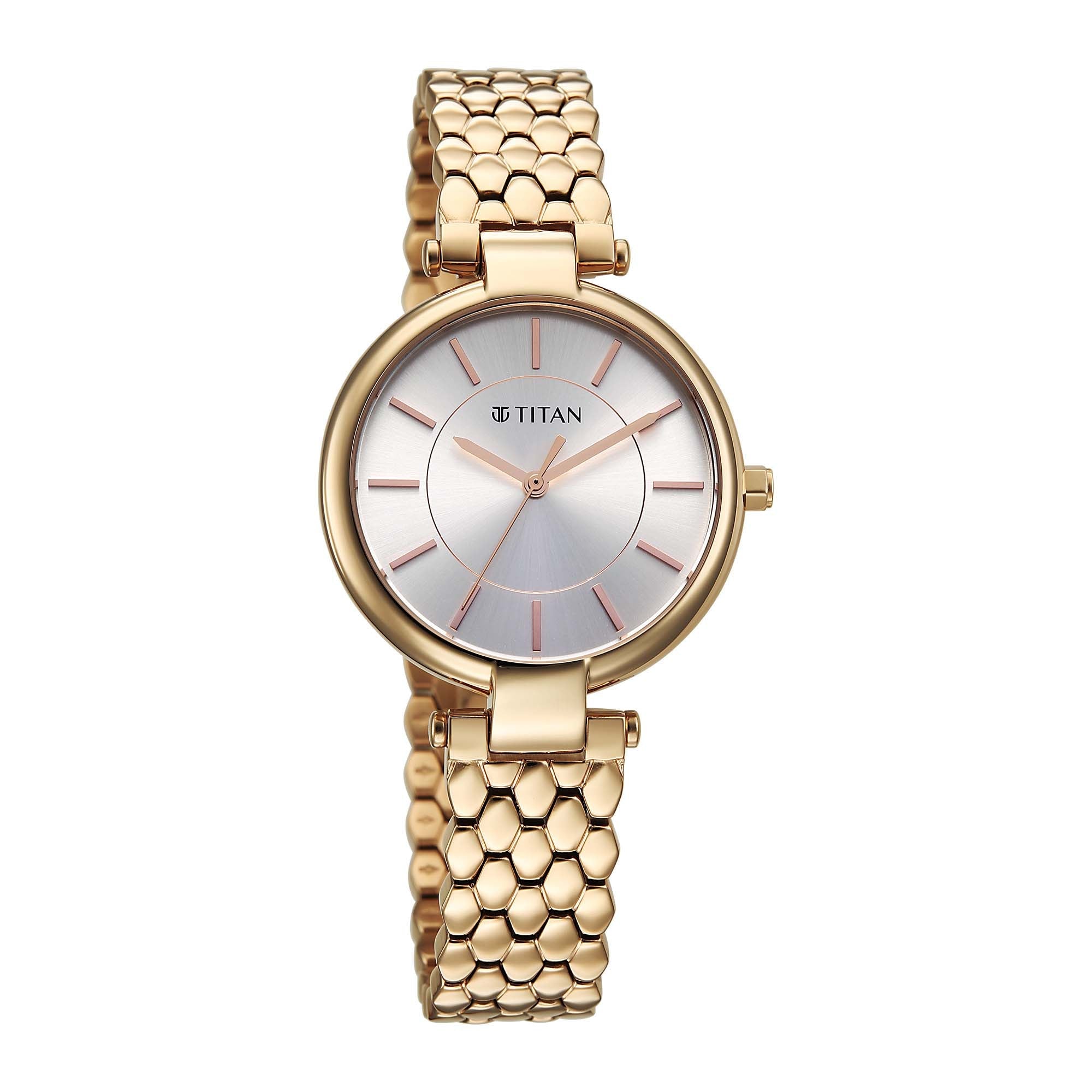 Titan Eminence Quartz Analog Silver Dial Rose Gold Strap Watch For Women