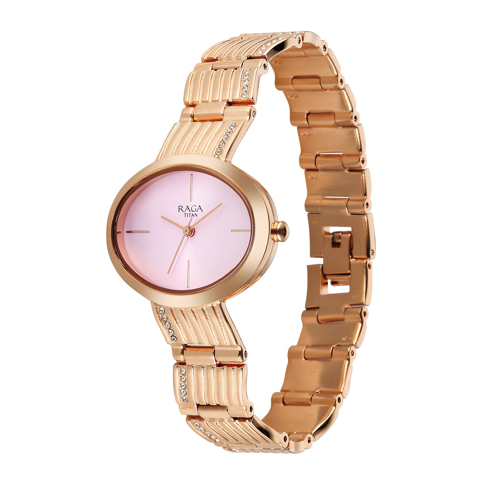 Titan Raga Glimmers Quartz Analog Pink Dial Rose Gold Metal Strap Watch For Women 95362WM01