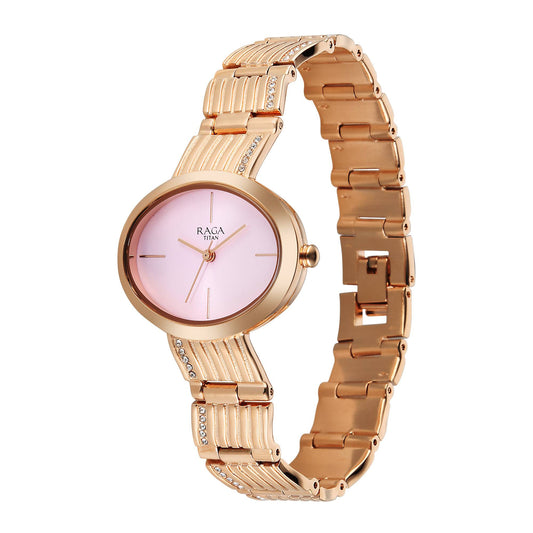 Titan Raga Glimmers Quartz Analog Pink Dial Rose Gold Metal Strap Watch For Women 95362WM01