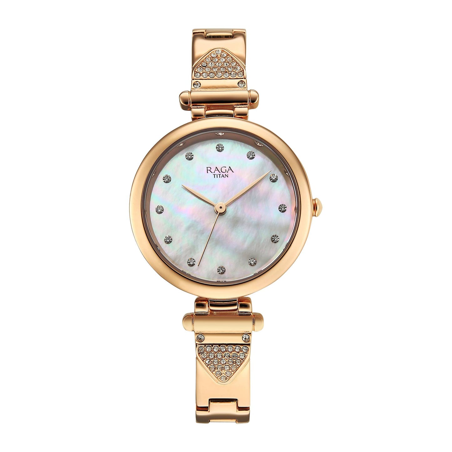 Titan Raga Glimmers Quartz Analog Mother of Pearl Dial Rose Gold Metal Strap Watch For Women 95363WM01