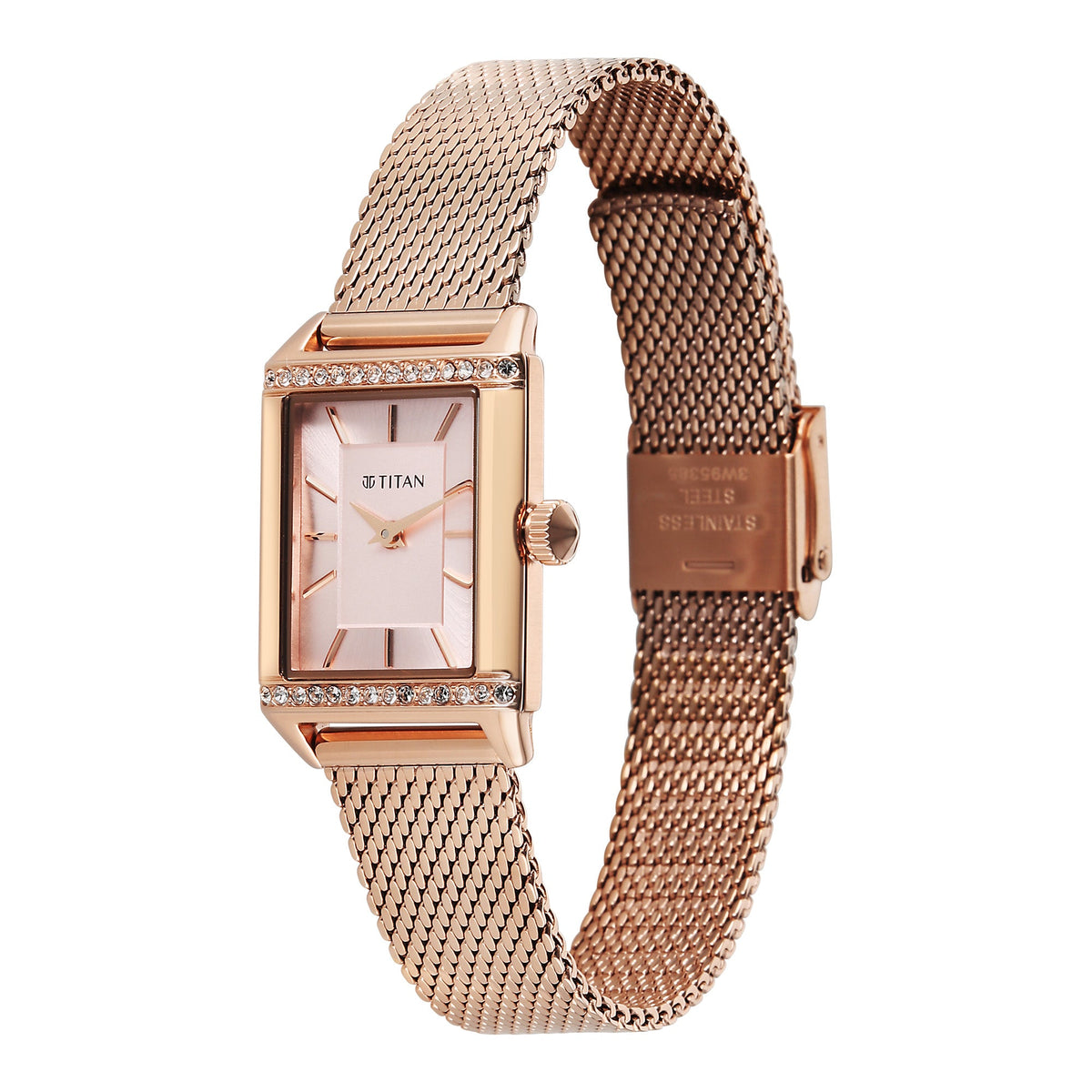 Titan Fashion Pink Rectangle Dial Rose Gold Metal Strap Analog Watch for Women