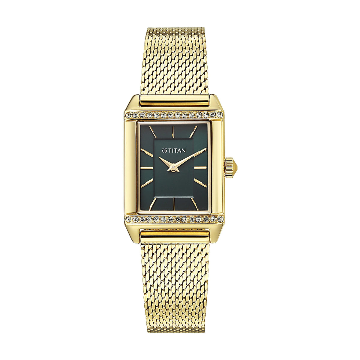 Titan Fashion Green Rectangle Dial Gold Metal Strap Analog Watch for Women