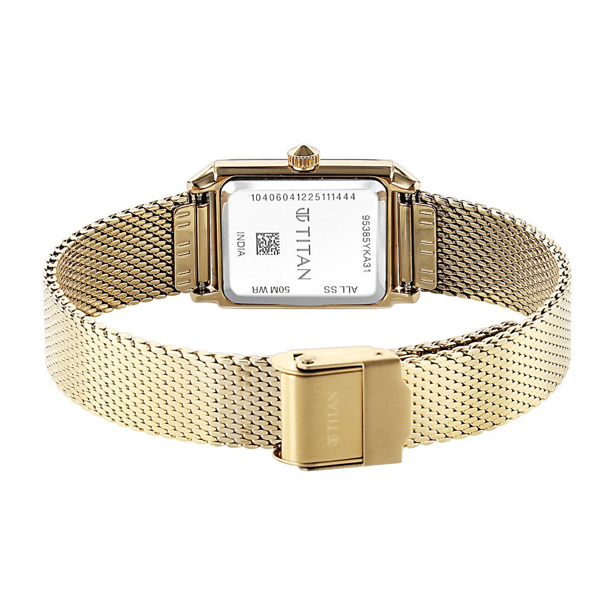 Titan Fashion Green Rectangle Dial Gold Metal Strap Analog Watch for Women