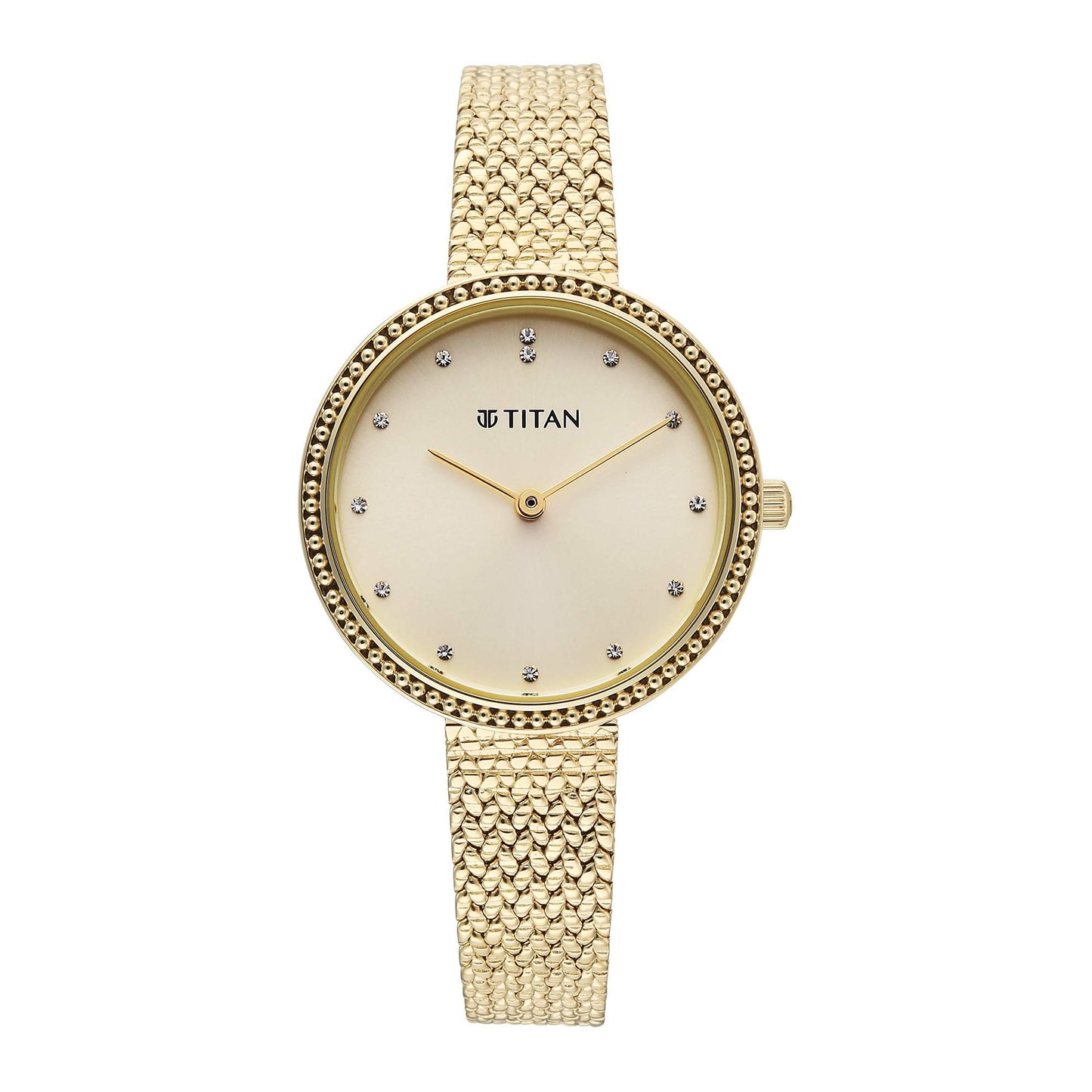Titan Fashion Champagne Round Dial Gold Stainless Steel Strap Analog Analog Watch for Women