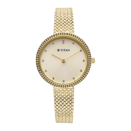 Titan Fashion Champagne Round Dial Gold Stainless Steel Strap Analog Analog Watch for Women