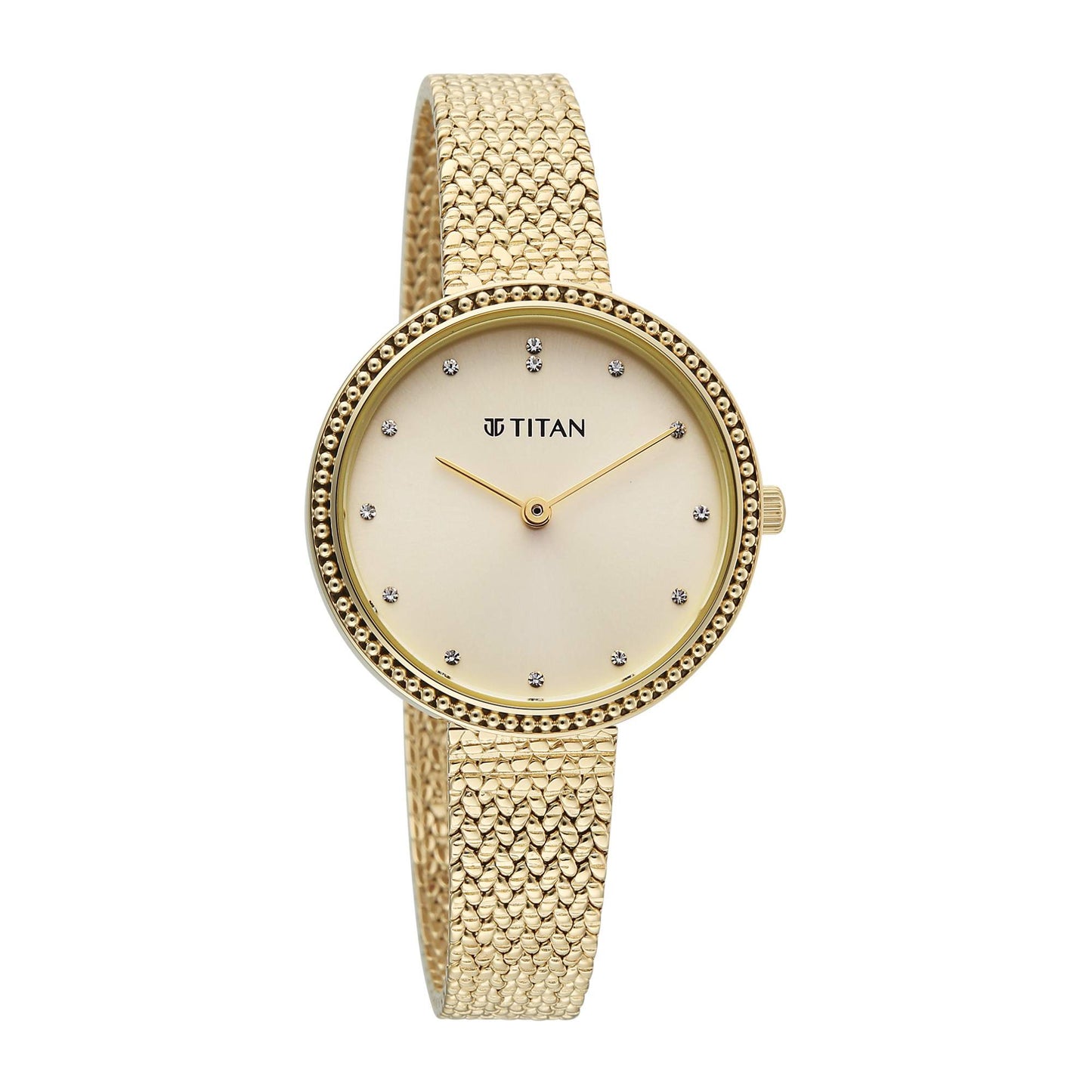 Titan Fashion Champagne Round Dial Gold Stainless Steel Strap Analog Analog Watch for Women