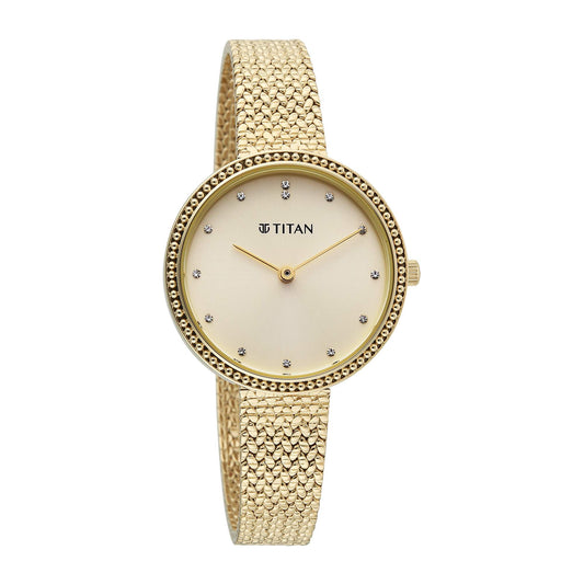 Titan Fashion Champagne Round Dial Gold Stainless Steel Strap Analog Analog Watch for Women