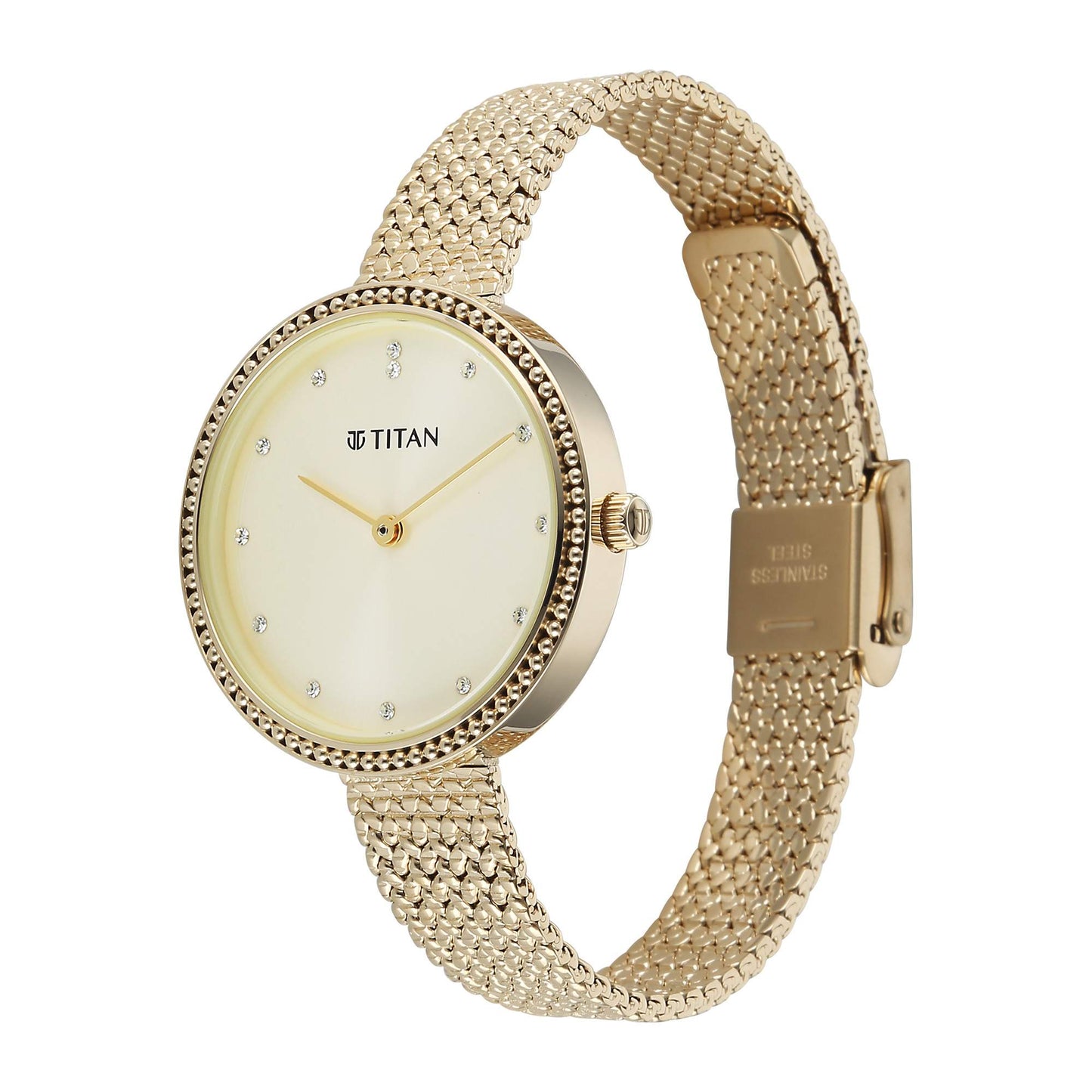 Titan Fashion Champagne Round Dial Gold Stainless Steel Strap Analog Analog Watch for Women