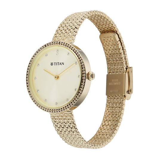 Titan Fashion Champagne Round Dial Gold Stainless Steel Strap Analog Analog Watch for Women
