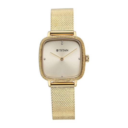 Titan Fashion Champagne Square Dial Gold Stainless Steel Strap Analog Analog Watch for Women