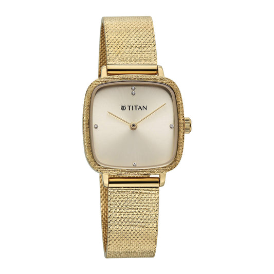 Titan Fashion Champagne Square Dial Gold Stainless Steel Strap Analog Analog Watch for Women