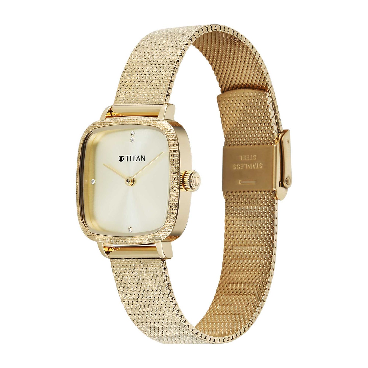 Titan Fashion Champagne Square Dial Gold Stainless Steel Strap Analog Analog Watch for Women