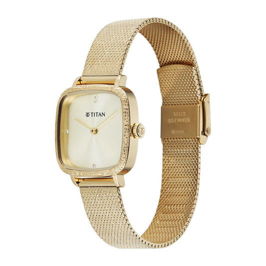 Titan Fashion Champagne Square Dial Gold Stainless Steel Strap Analog Analog Watch for Women
