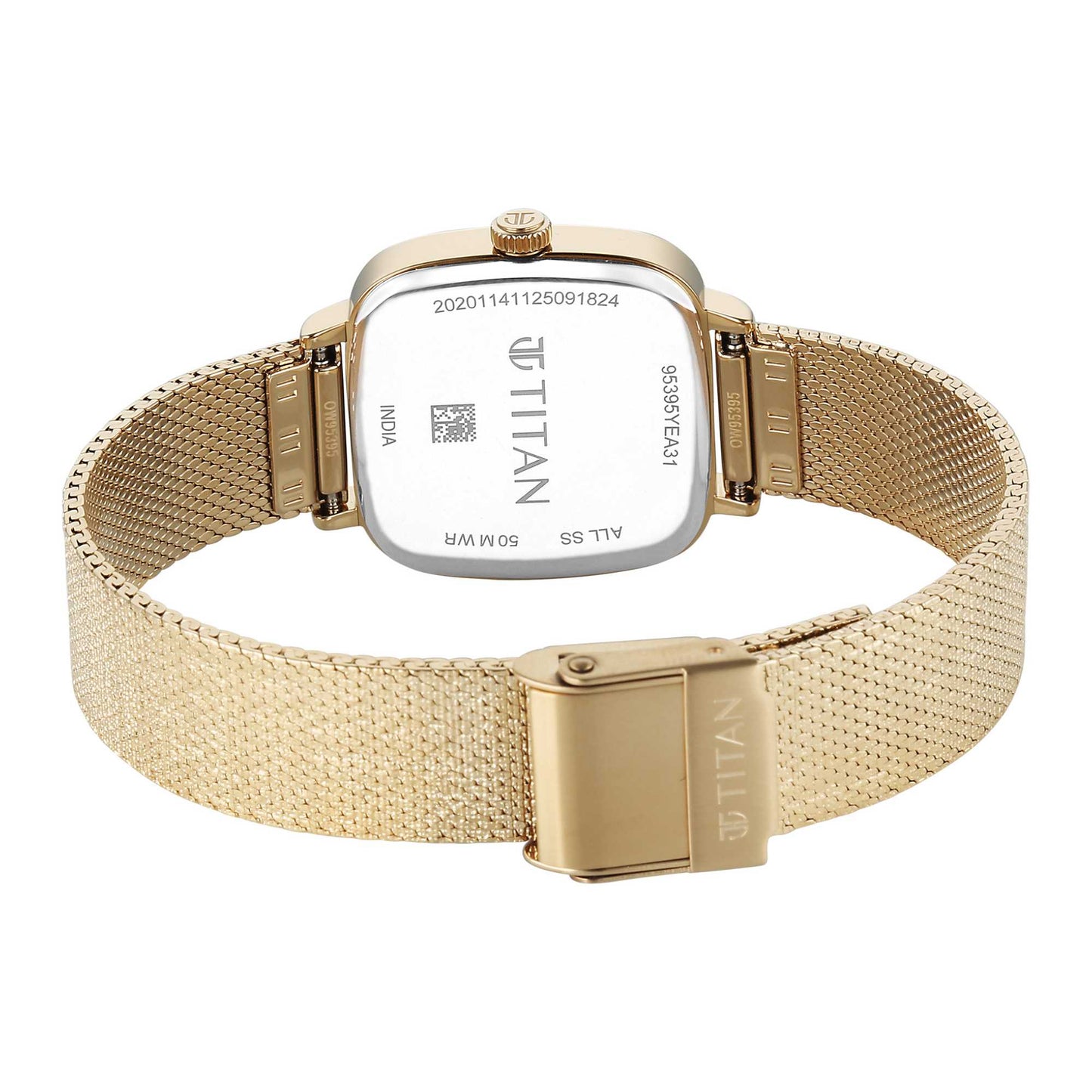 Titan Fashion Champagne Square Dial Gold Stainless Steel Strap Analog Analog Watch for Women