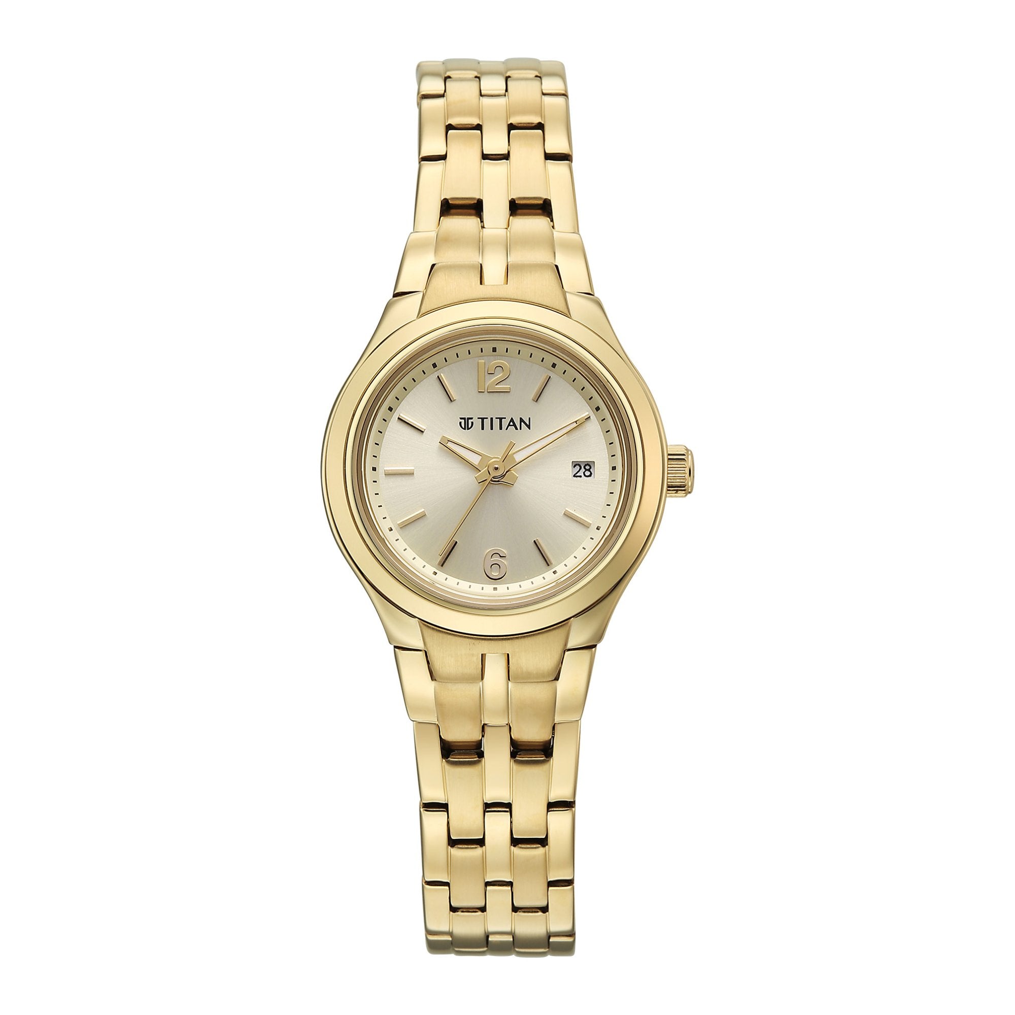 Titan Fashion Champagne Round Dial Gold Stainless Steel Strap Analog with Date Analog Watch for Women