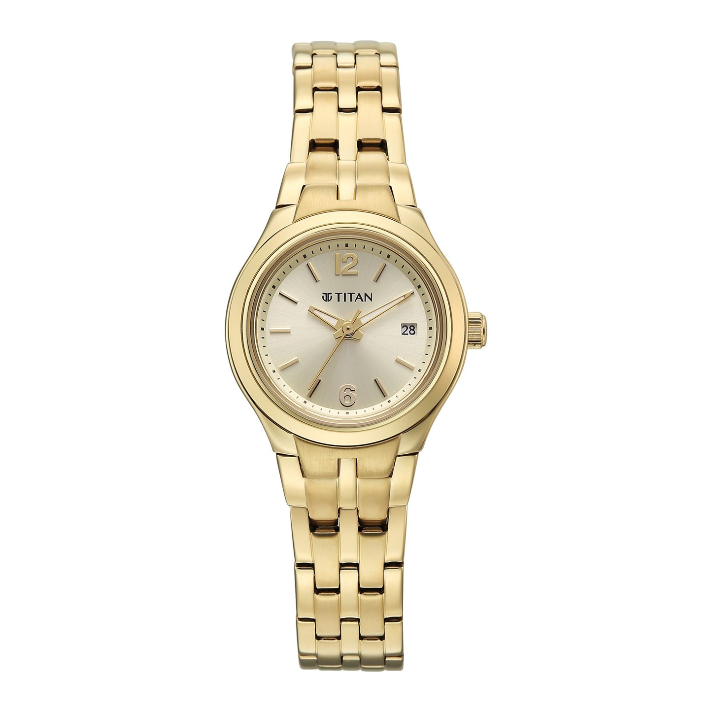 Titan Fashion Champagne Round Dial Gold Stainless Steel Strap Analog with Date Analog Watch for Women