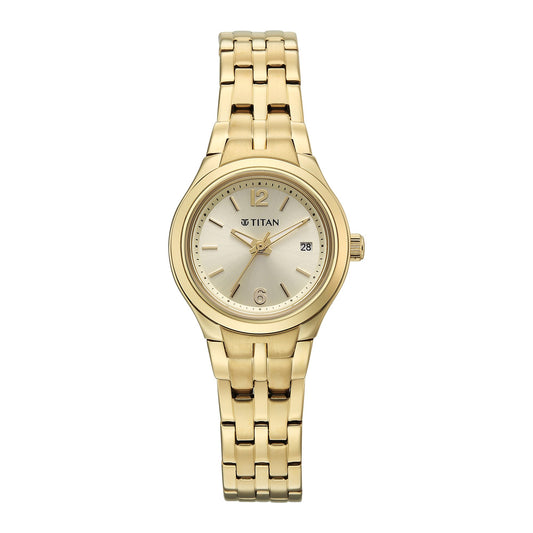 Titan Fashion Champagne Round Dial Gold Stainless Steel Strap Analog with Date Analog Watch for Women