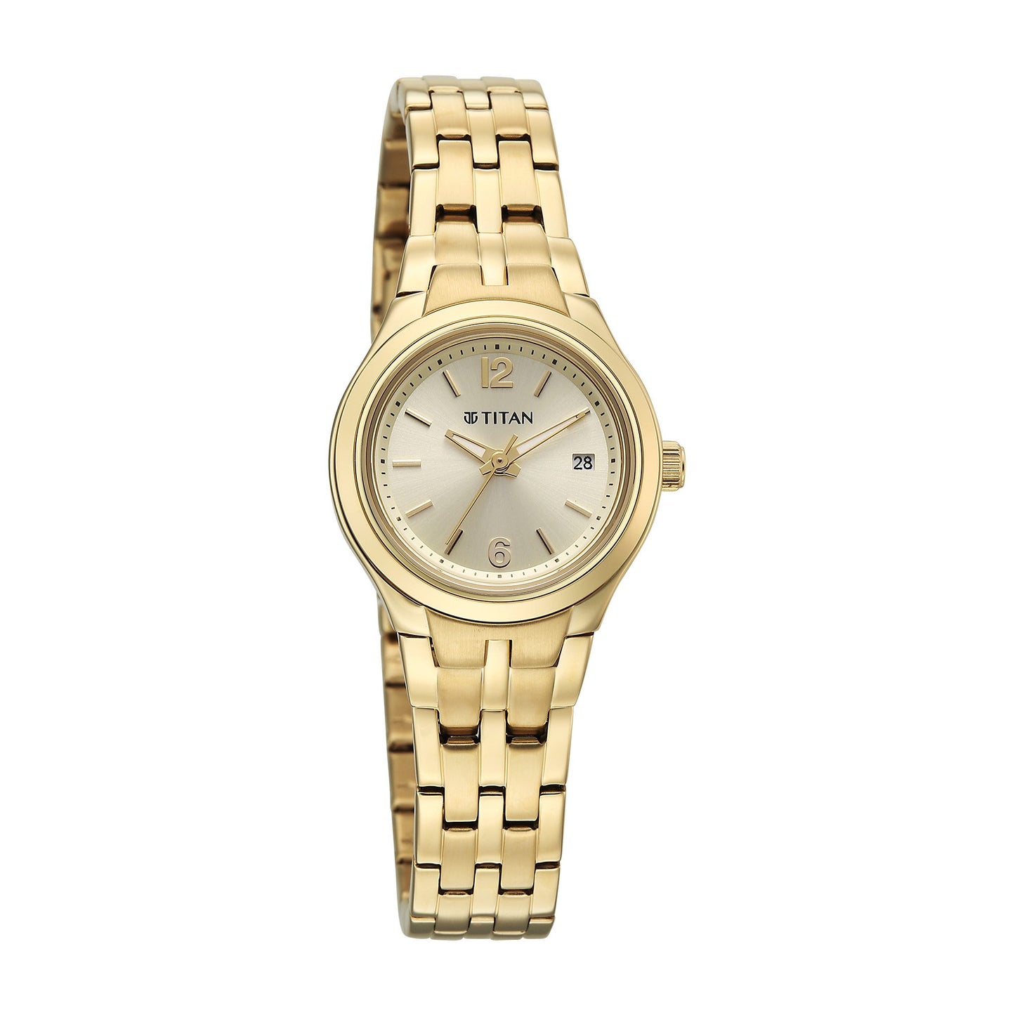 Titan Fashion Champagne Round Dial Gold Stainless Steel Strap Analog with Date Analog Watch for Women