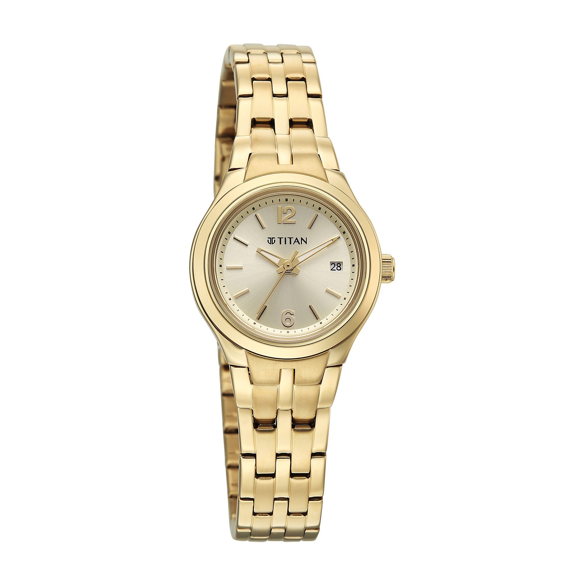 Titan Fashion Champagne Round Dial Gold Stainless Steel Strap Analog with Date Analog Watch for Women