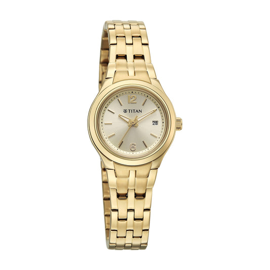 Titan Fashion Champagne Round Dial Gold Stainless Steel Strap Analog with Date Analog Watch for Women