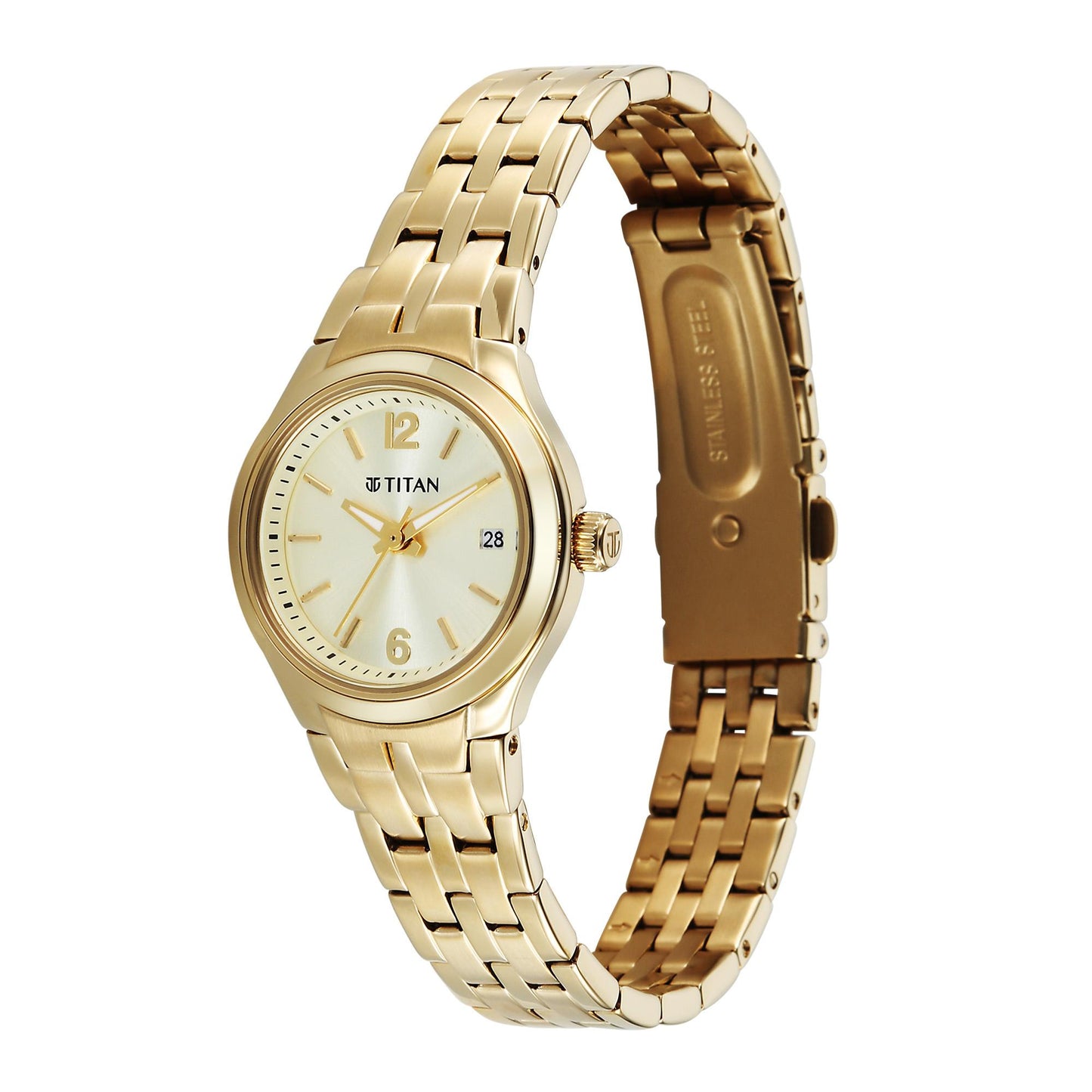 Titan Fashion Champagne Round Dial Gold Stainless Steel Strap Analog with Date Analog Watch for Women