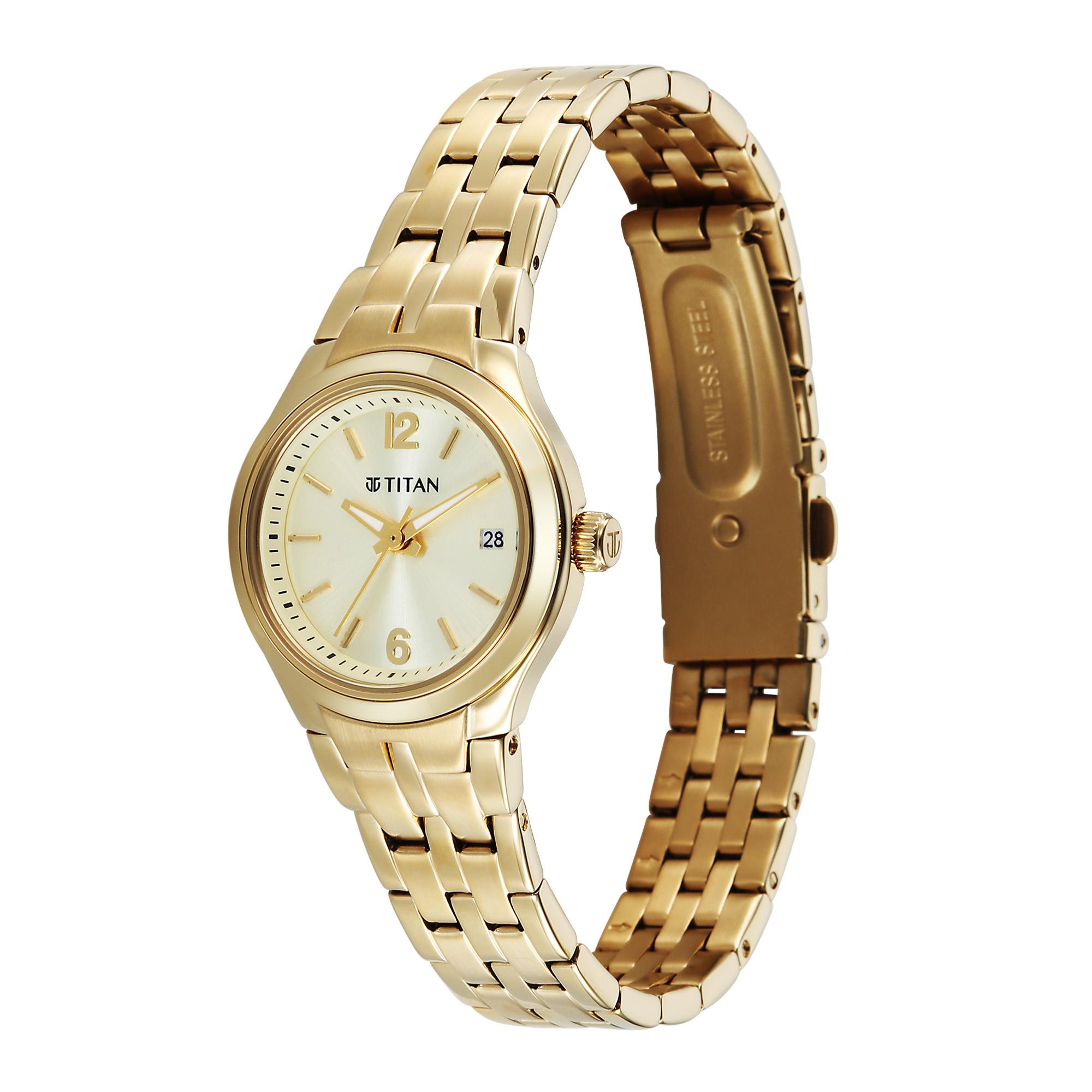 Titan Fashion Champagne Round Dial Gold Stainless Steel Strap Analog with Date Analog Watch for Women