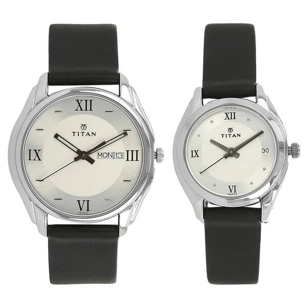Titan Silver Dial Black Leather Strap Analog with Day and Date Watch for Couple