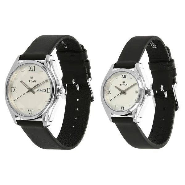 Titan Silver Dial Black Leather Strap Analog with Day and Date Watch for Couple